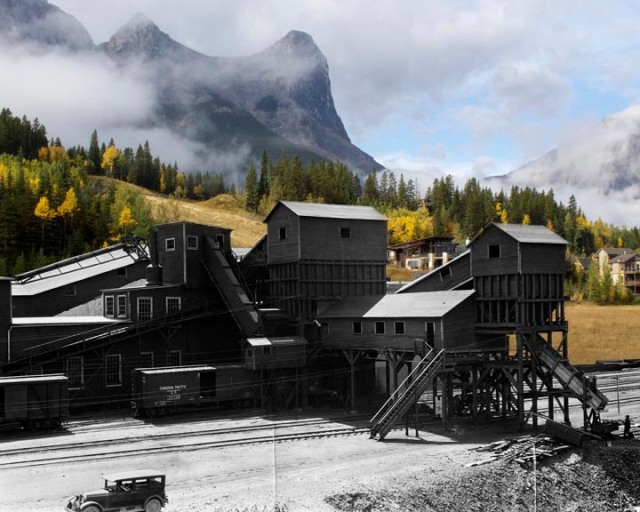 The No. 2 Mine as seen in the 1920s and 2014. ©Rob Alexander and the Canmore Museum Geoscience Centre 